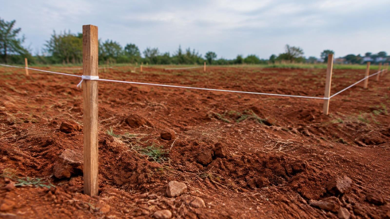 Estacas de madeira e linha demarcando as divisas de um terreno de terra vermelha durante análise técnica