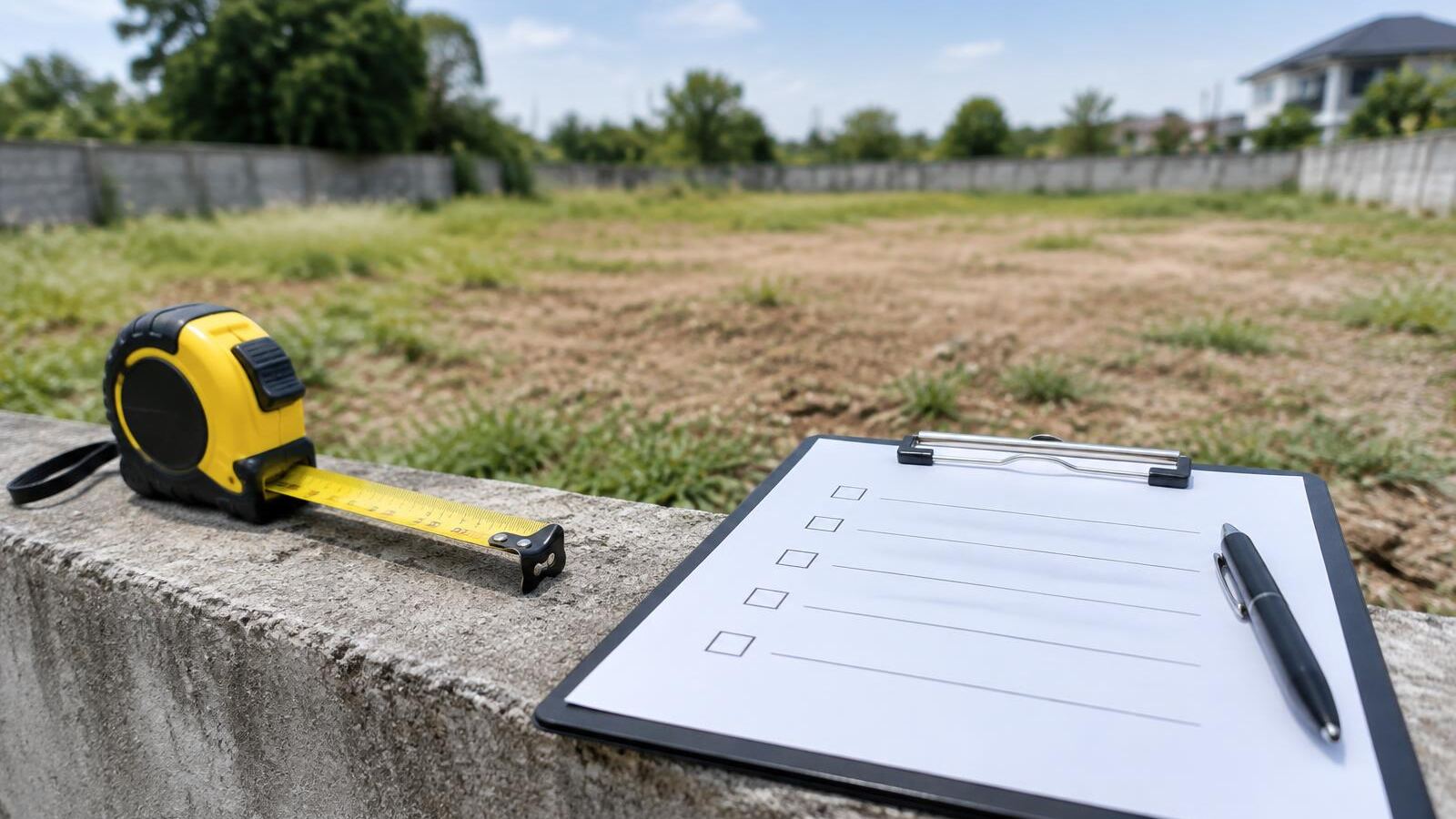 Trena e prancheta com checklist em branco sobre muro, diante de terreno vazio a ser avaliado para compra