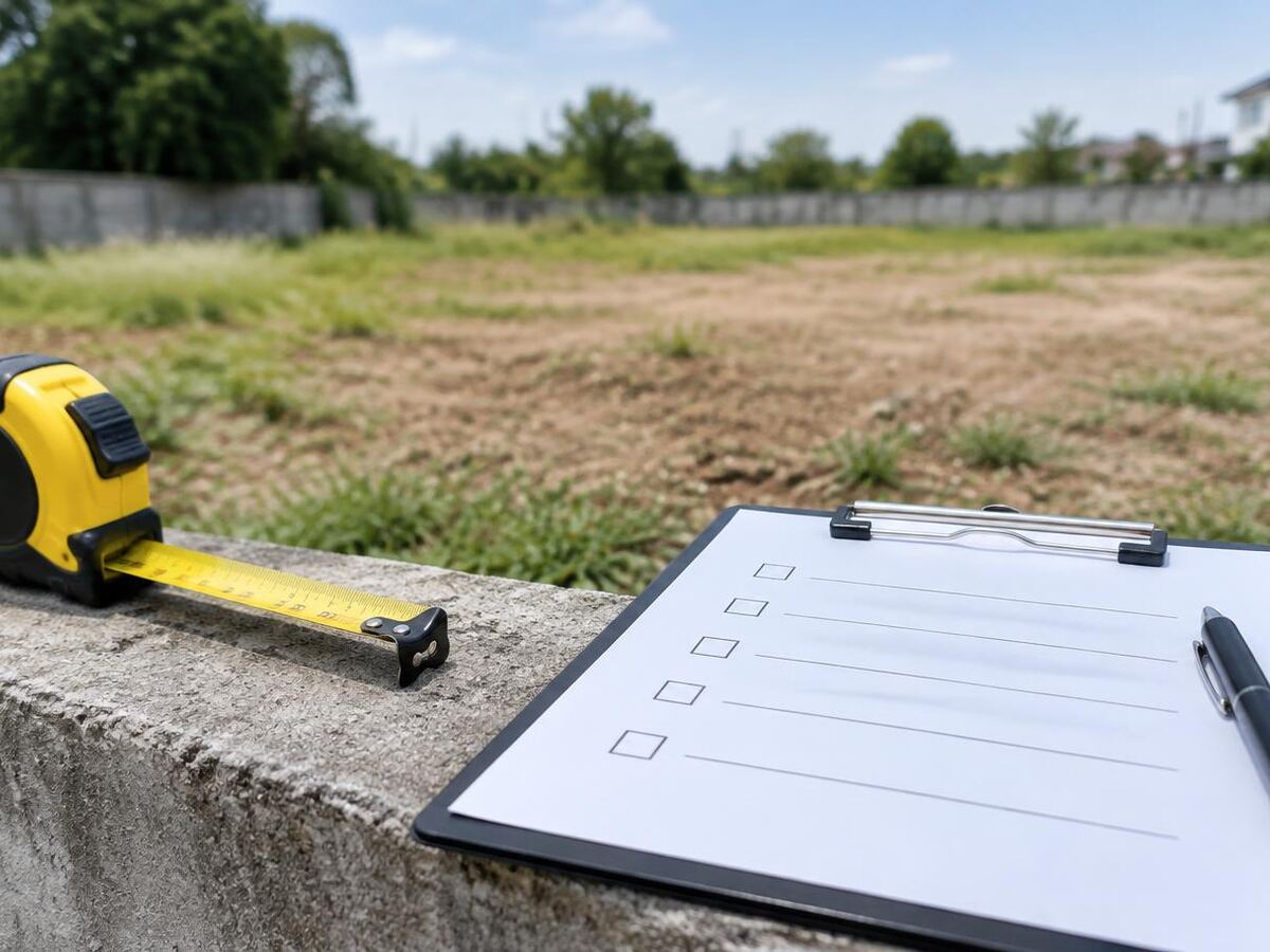 Trena e prancheta com checklist em branco sobre muro, diante de terreno vazio a ser avaliado para compra