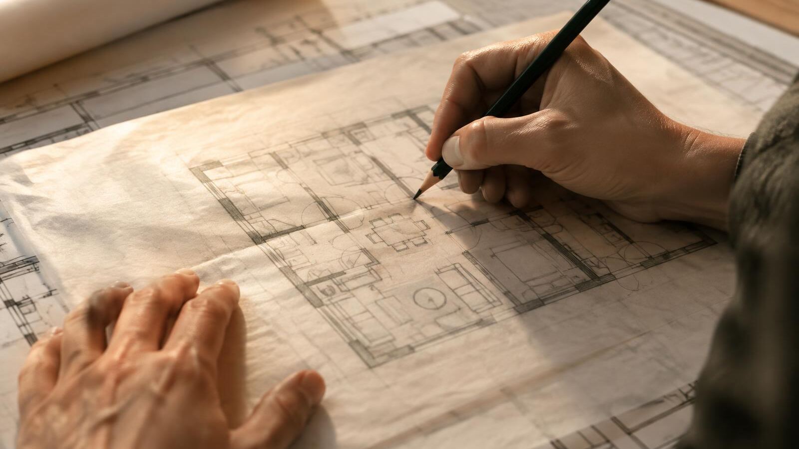Mãos desenhando a lápis a planta preliminar de uma residência sobre papel manteiga