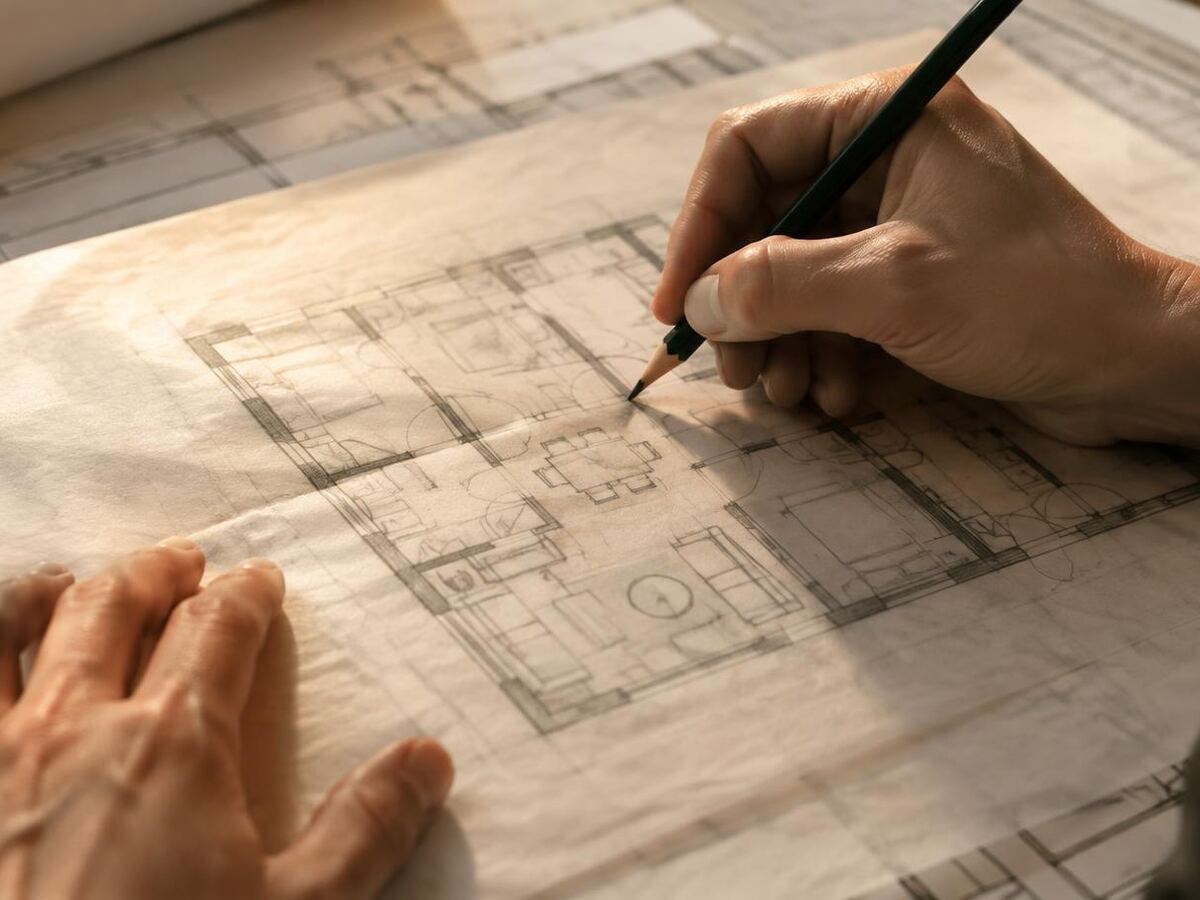 Mãos desenhando a lápis a planta preliminar de uma residência sobre papel manteiga