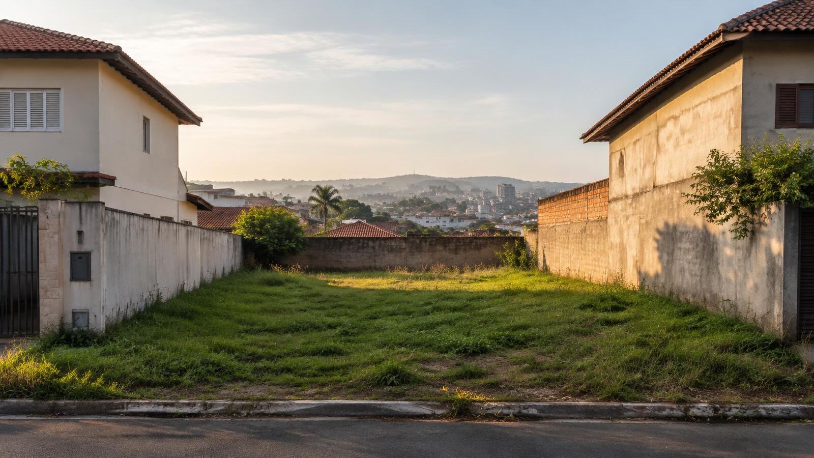 Terreno residencial vazio entre duas casas, com muros laterais, aguardando análise do que pode ser construído