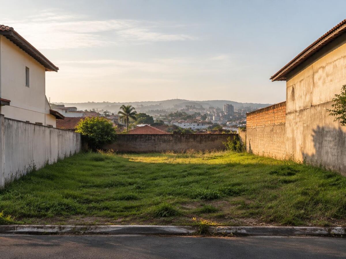 Terreno residencial vazio entre duas casas, com muros laterais, aguardando análise do que pode ser construído