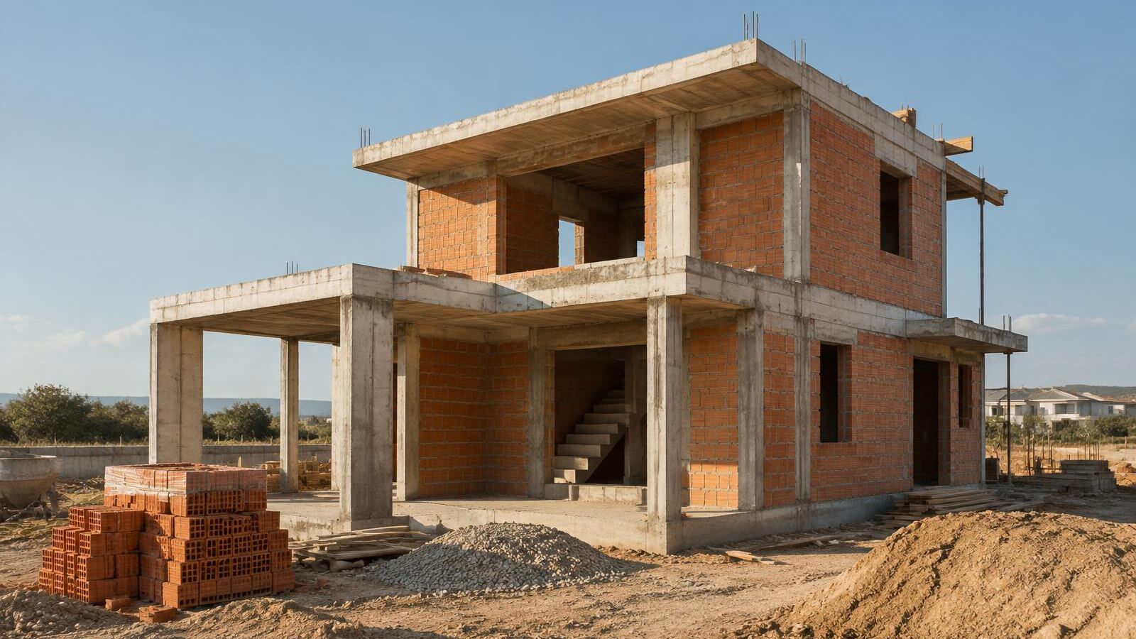 Casa em construção com estrutura de concreto e alvenaria de blocos cerâmicos