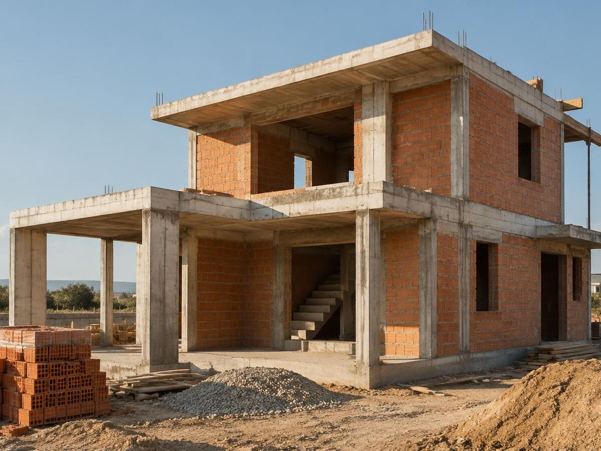 Casa em construção com estrutura de concreto e alvenaria de blocos cerâmicos