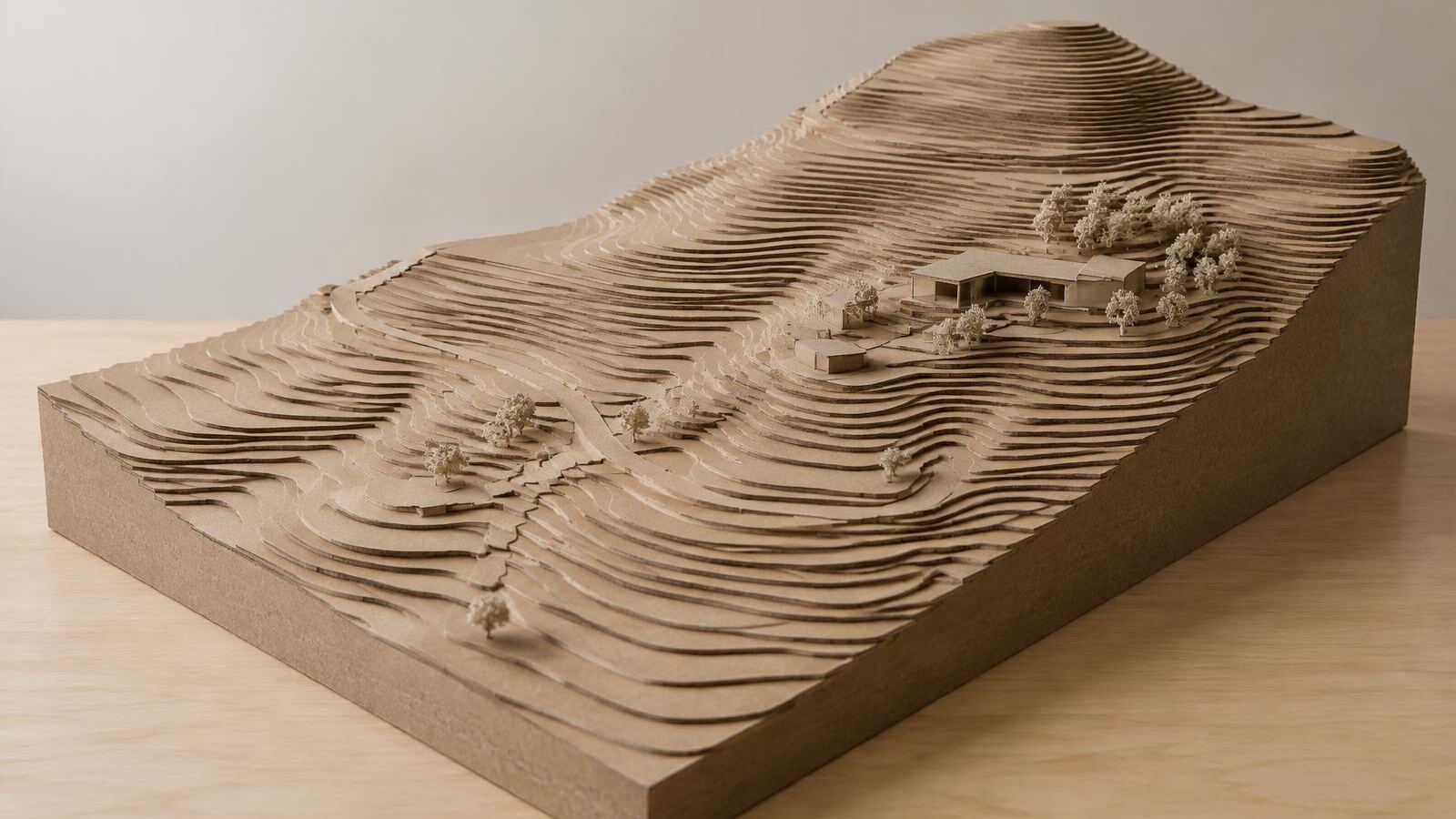 Maquete topográfica em camadas de papelão mostrando curvas de nível de um terreno em encosta