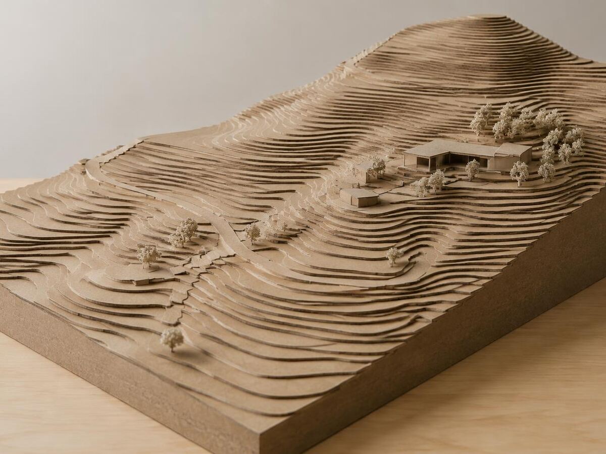 Maquete topográfica em camadas de papelão mostrando curvas de nível de um terreno em encosta